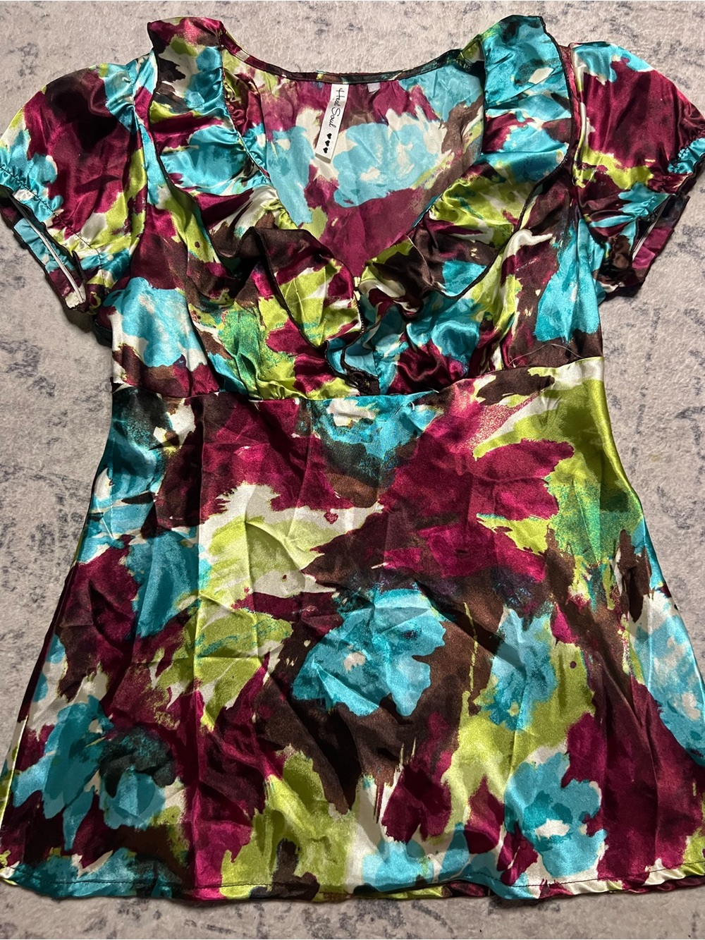 Floral Ruffle V-Neck Satin Top - Bright Teal & Berry